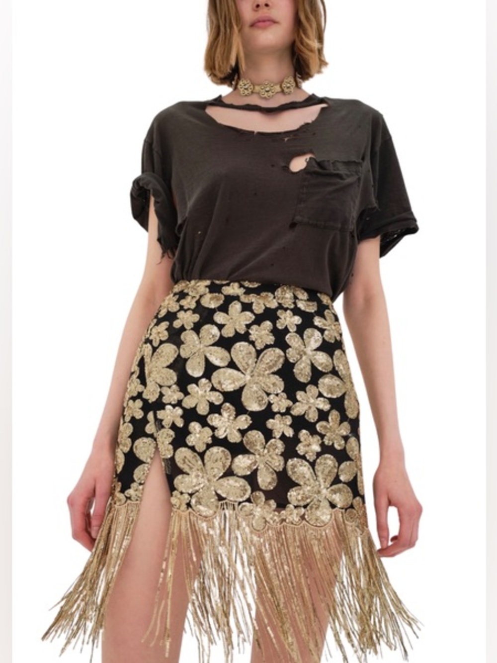For Love and Lemons Colette Gold Sequin Floral Fringe Mini Skirt Size XS NWT